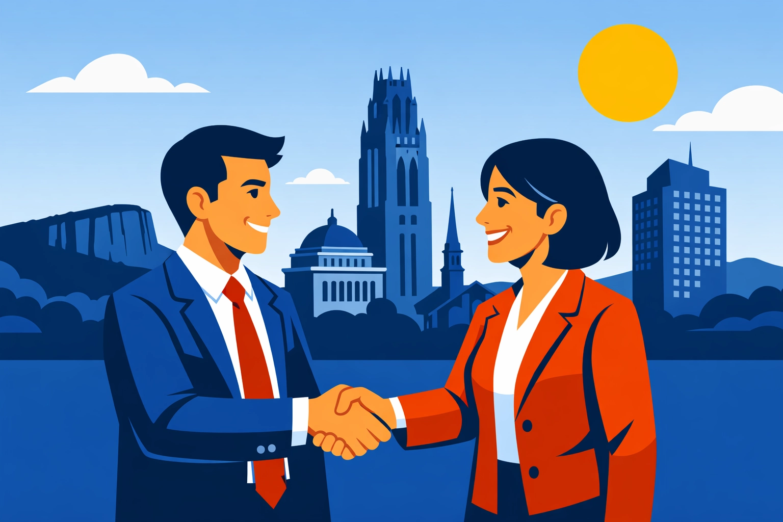 A professional partnership handshake with the New Haven skyline for local concierge tax preparation services.