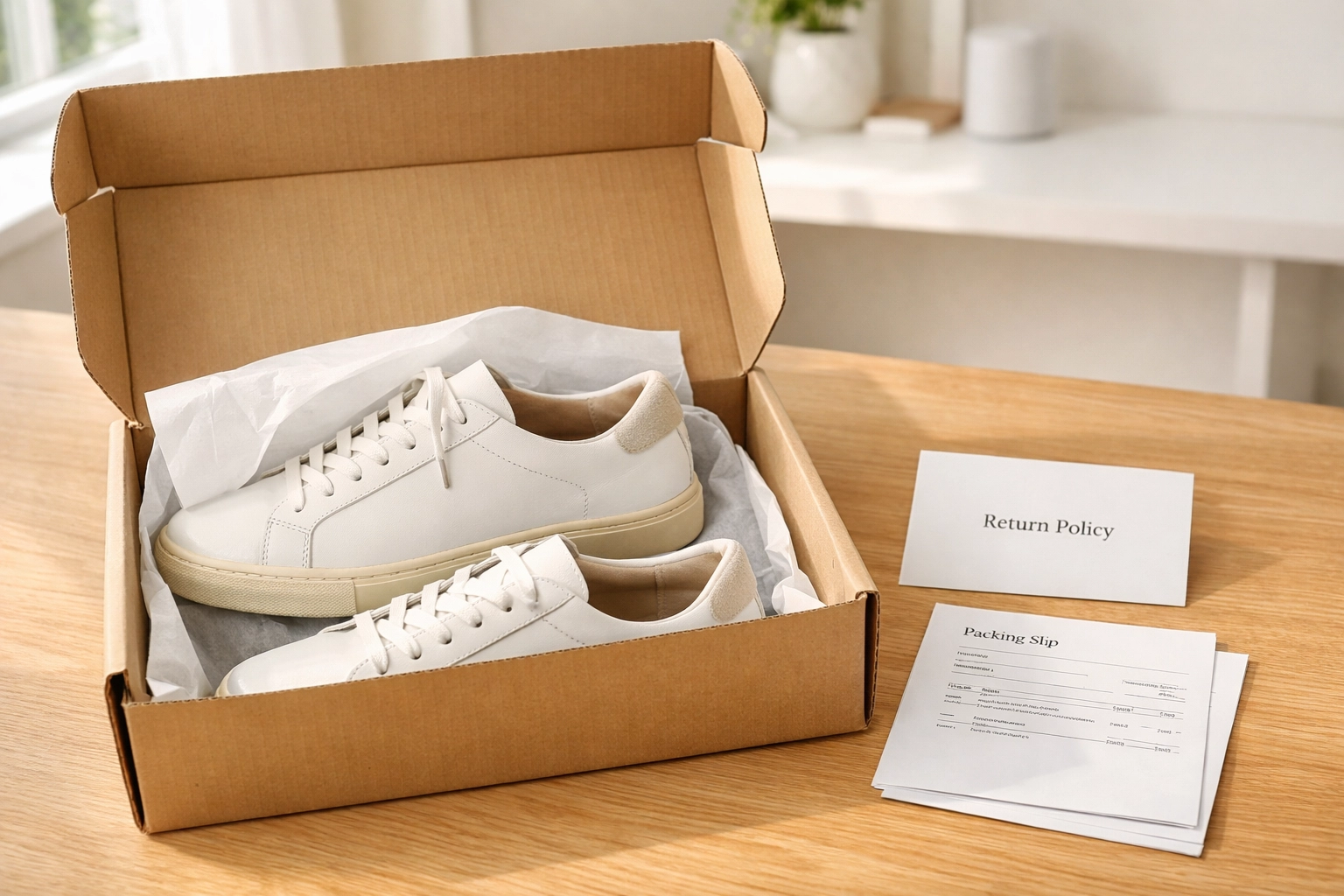 Sneakers in a box with return policy documents representing e-commerce product schema shipping details.