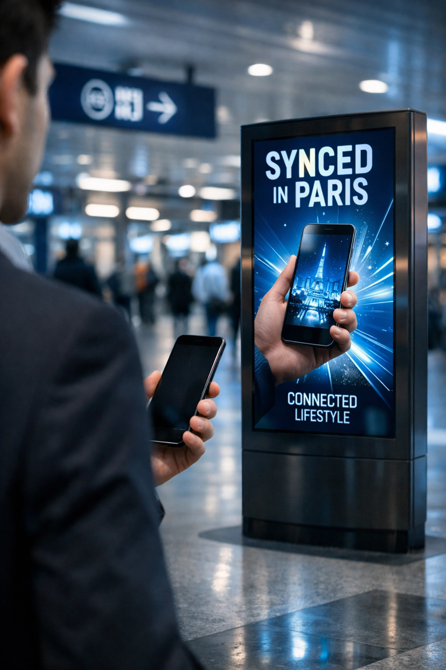 Omnichannel digital advertising totem in a Paris transit hub integrated with a mobile smartphone.