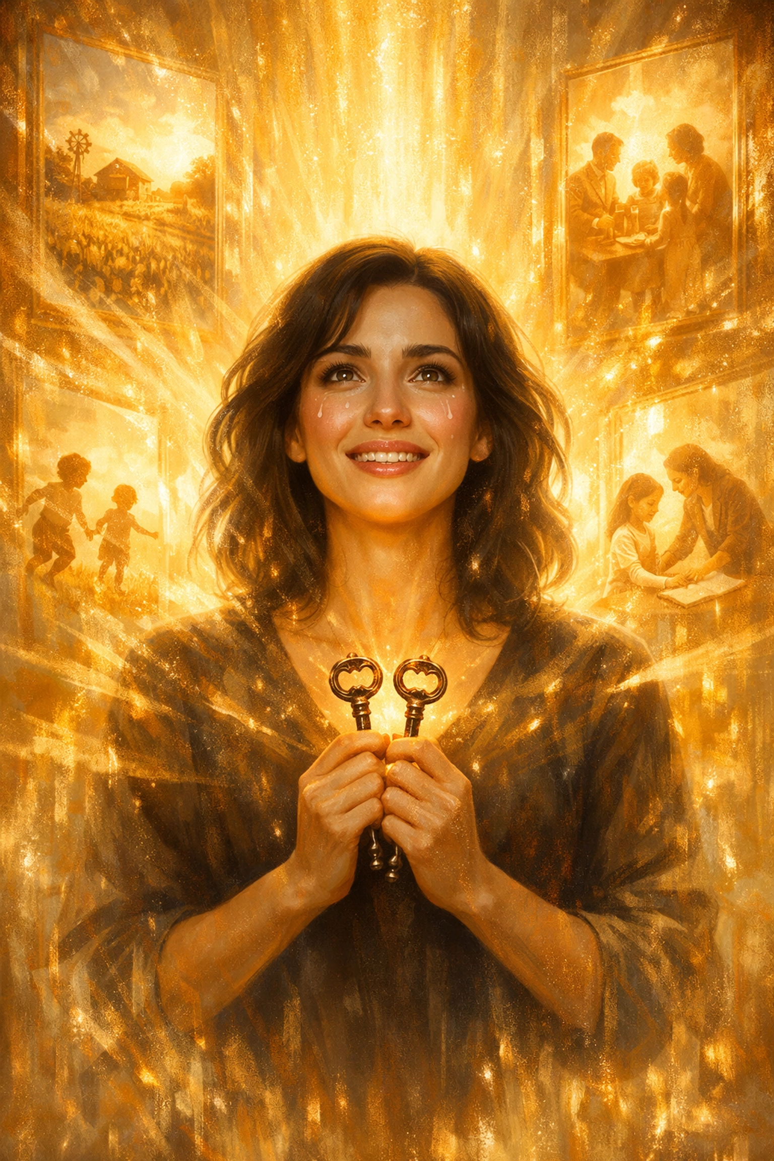 Elara holds two iron keys as golden light reveals visions of hope and faith spreading through the valley