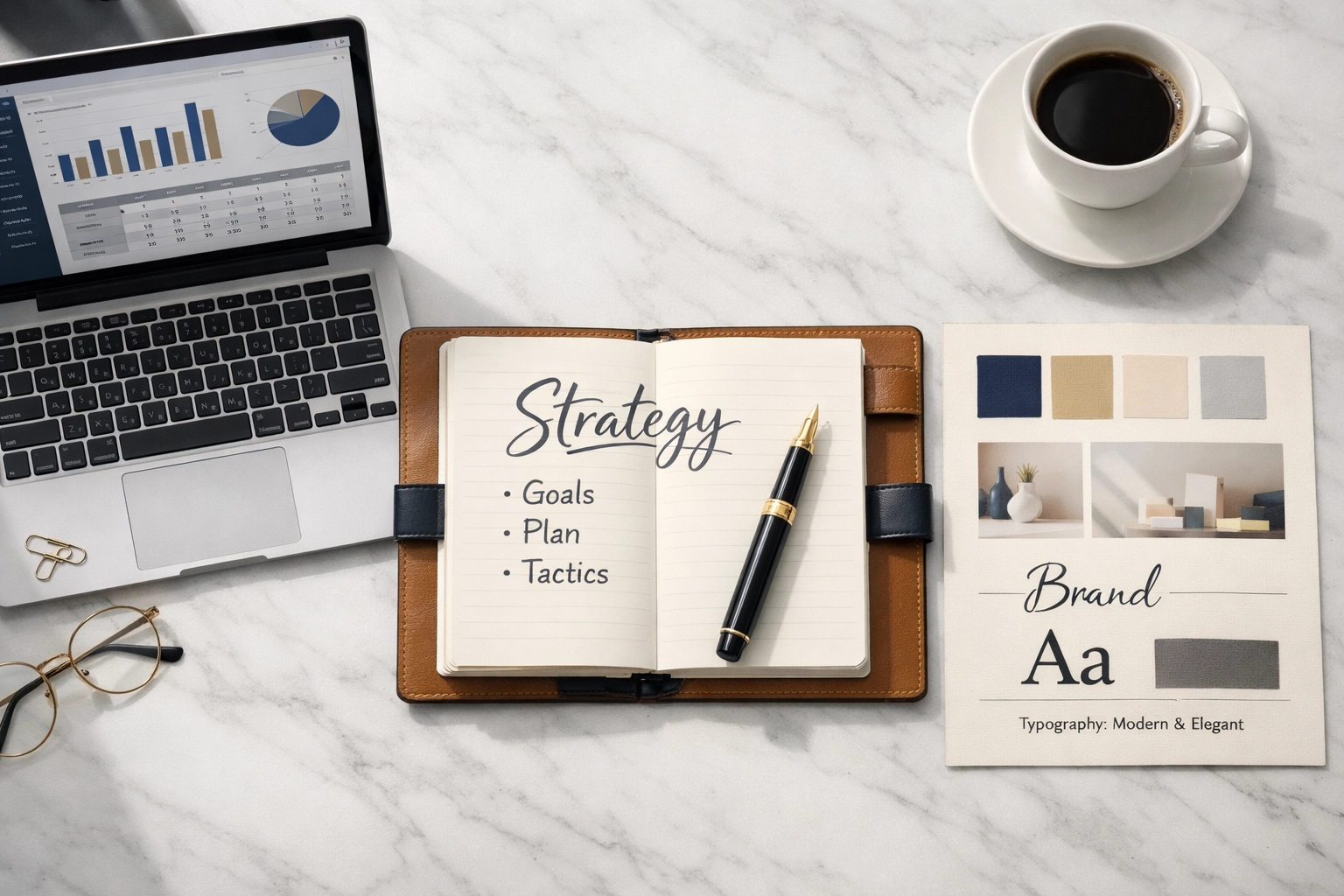 Business strategy planner and brand materials organized on entrepreneur's workspace