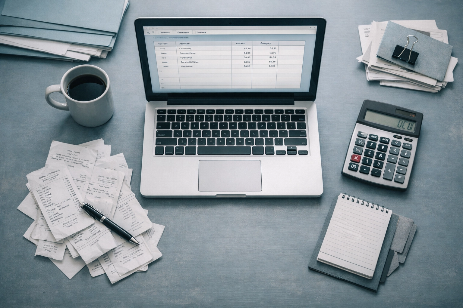 Small business owner's desk with laptop, receipts, and calculator for basic bookkeeping tasks