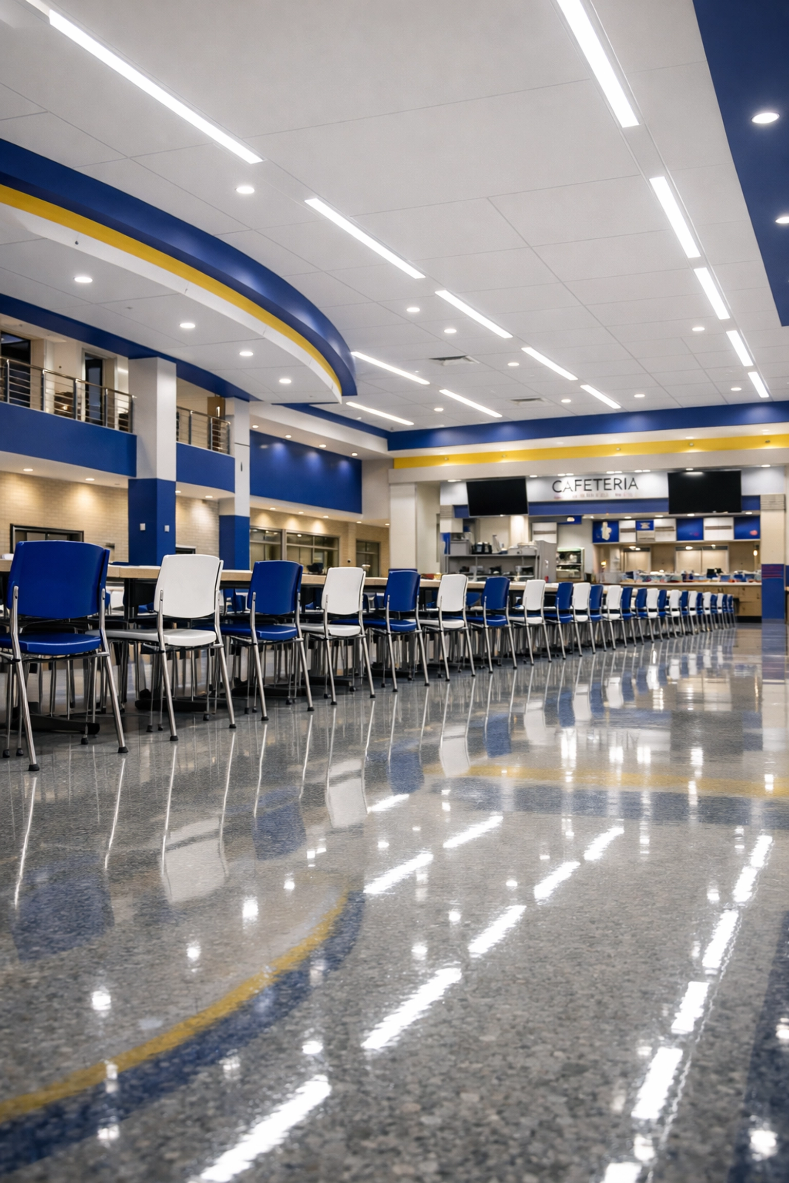 Spotless and sanitized high school cafeteria tables and floors following Attleboro school cleaning protocols.
