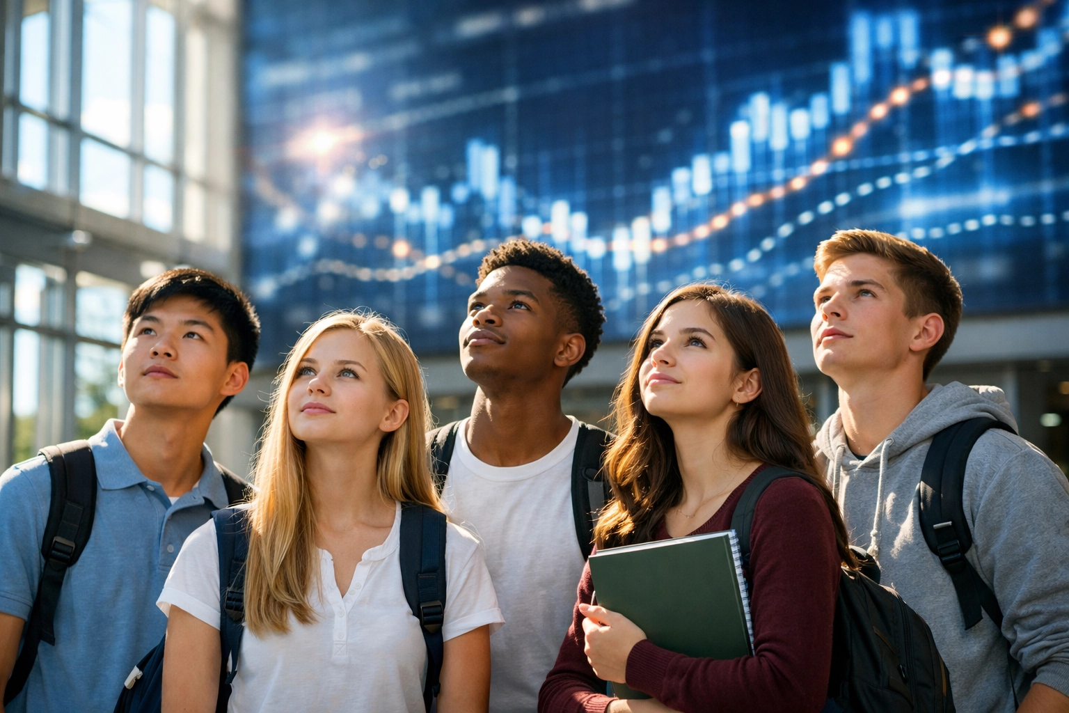 High school students visualizing career paths in a modern corporate atrium to improve the talent funnel.