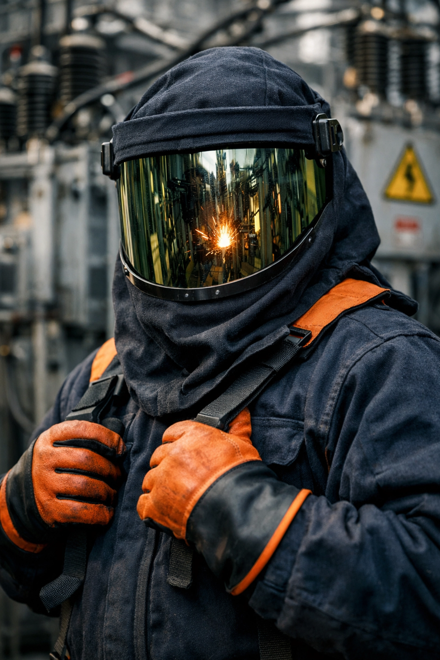 Electrical contractor in full arc flash PPE protective gear at a power distribution center.