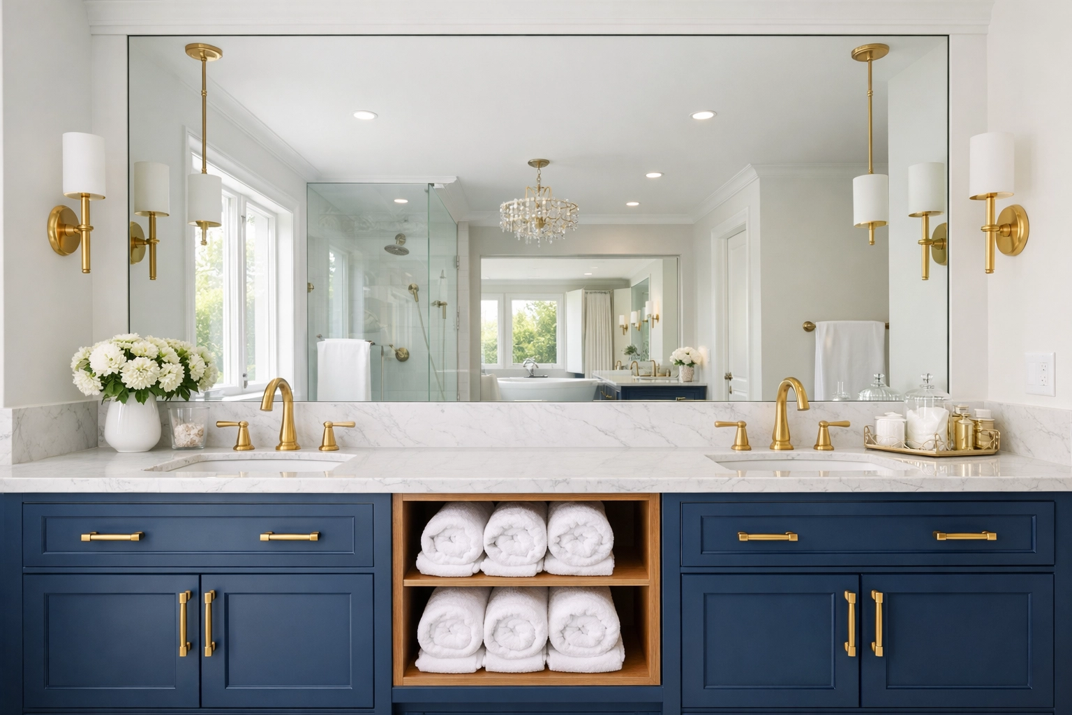 A serene, professionally cleaned master bathroom with blue cabinetry and fresh white towels.