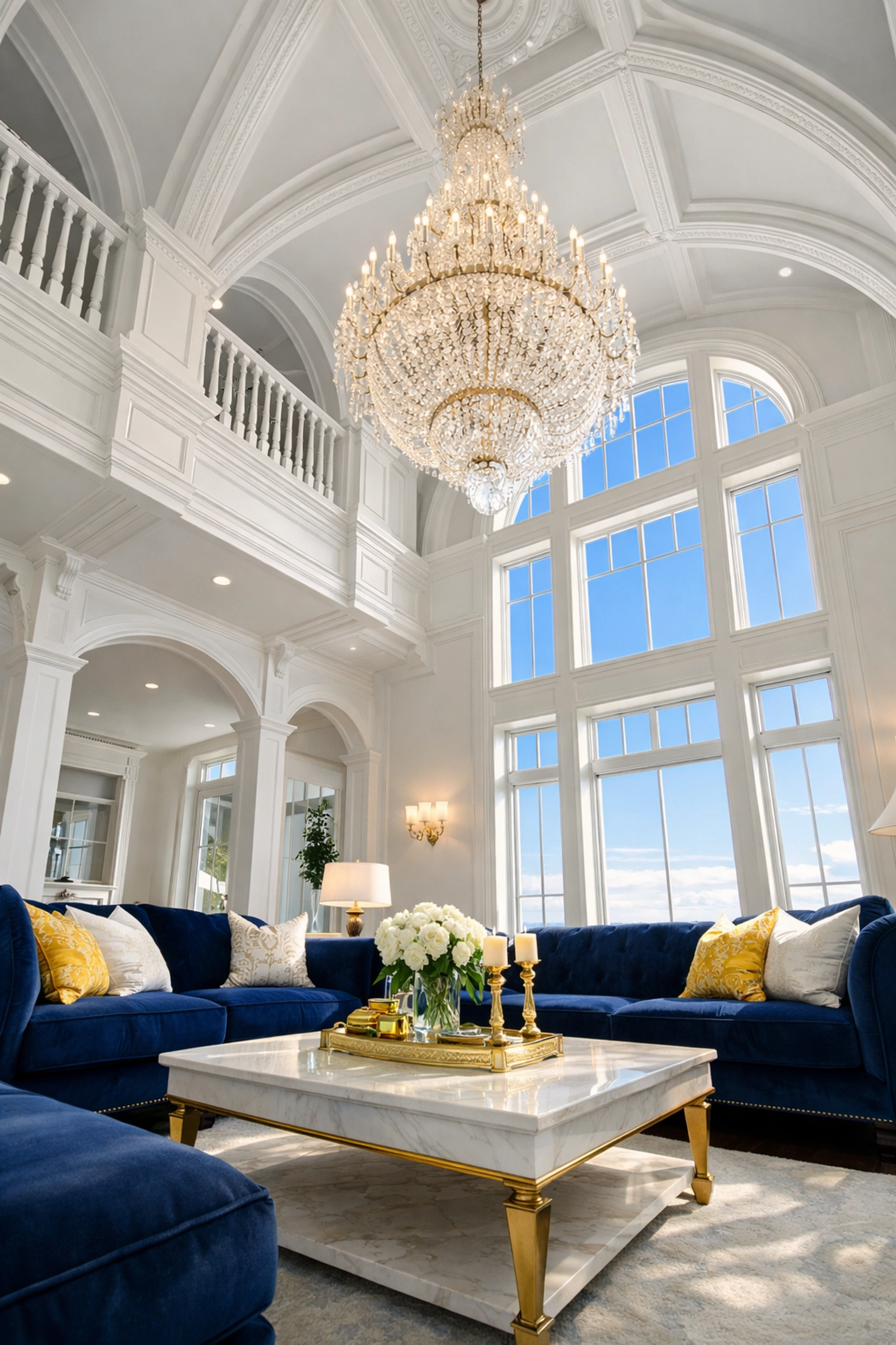 Pristine high ceilings and crown molding in a deep-cleaned Lunenburg great room.