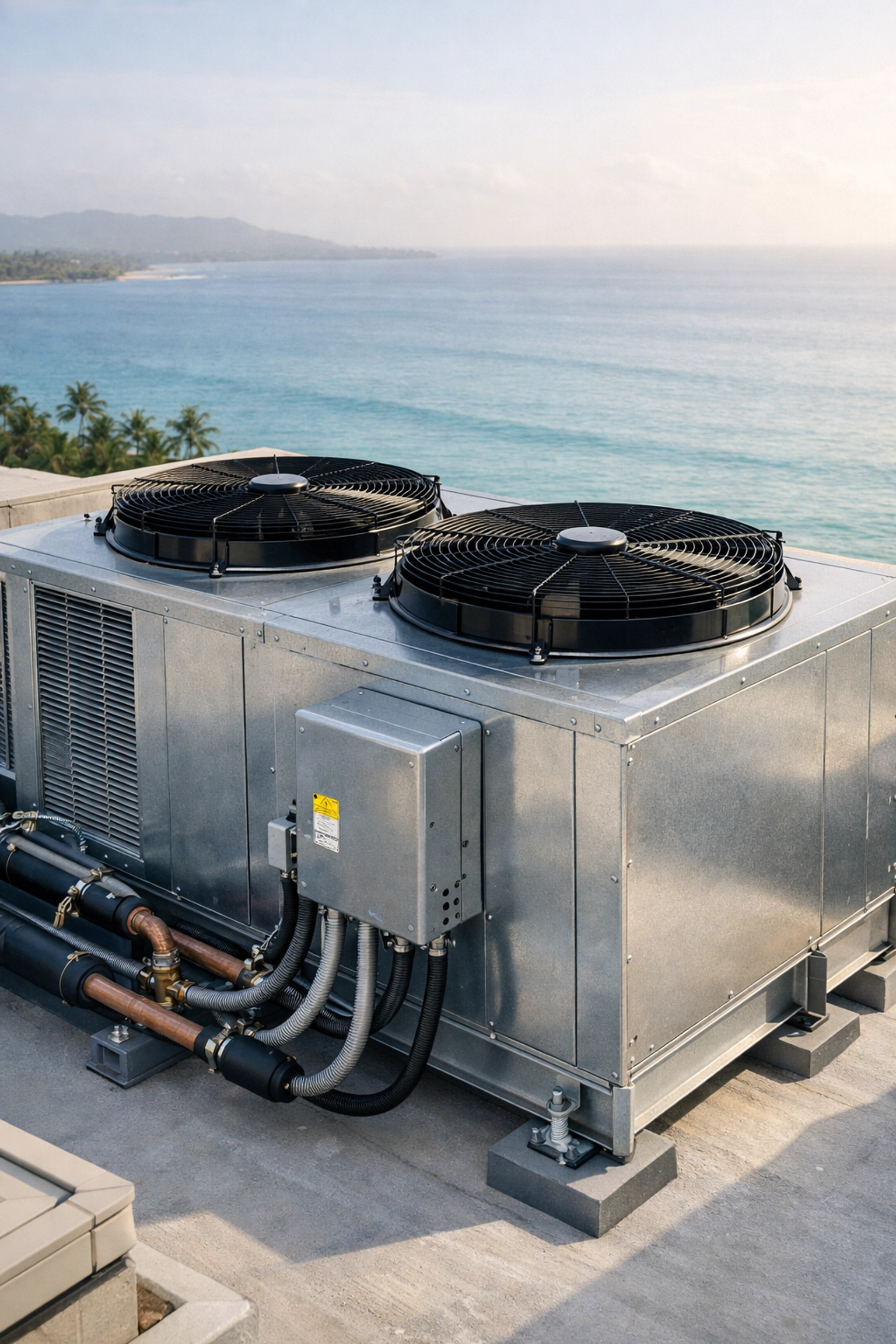 Well-maintained commercial air conditioning Maui rooftop unit protected from salt air corrosion.