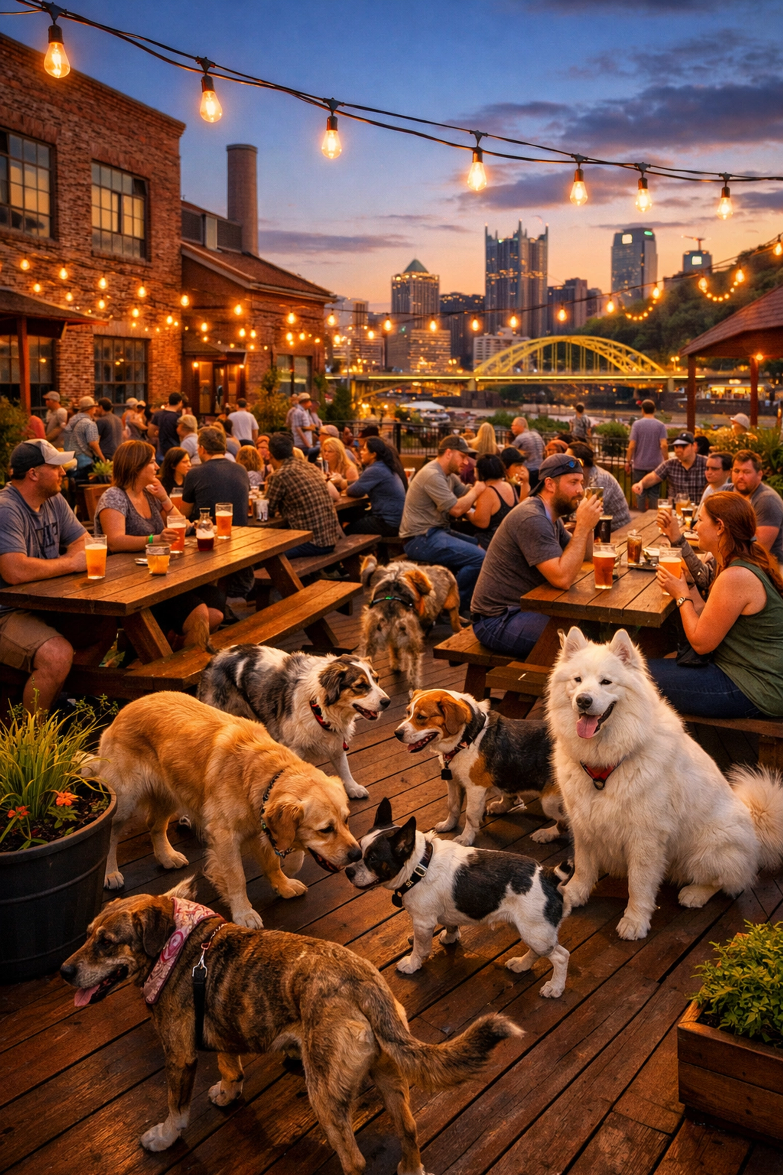 Dogs socializing at dog-friendly brewery patio in Pittsburgh