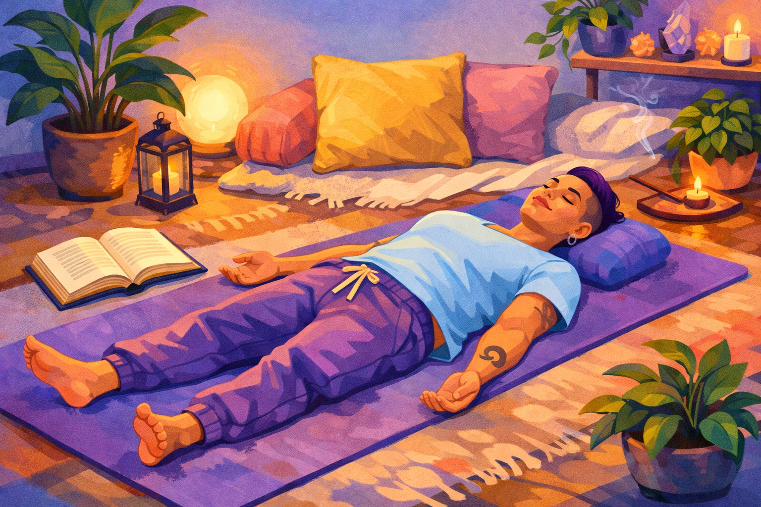 Person relaxing in shavasana after yoga practice with queer fiction book nearby