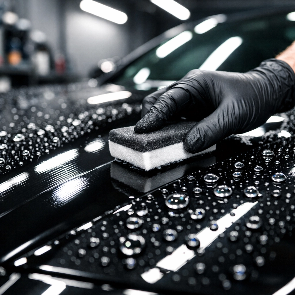 Professional ceramic coating application on car hood with water beading for paint protection