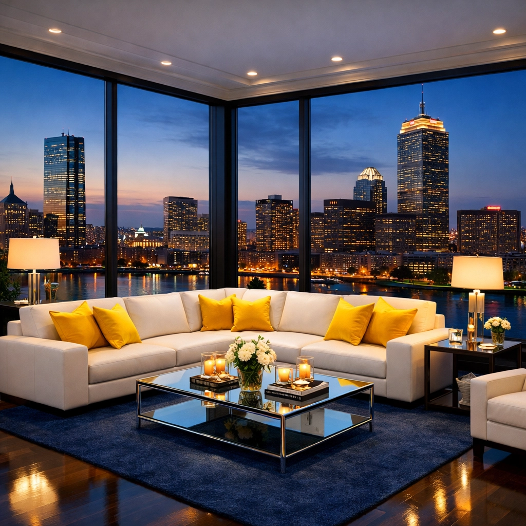 Spotless luxury penthouse living room overlooking the Boston skyline after professional cleaning services.