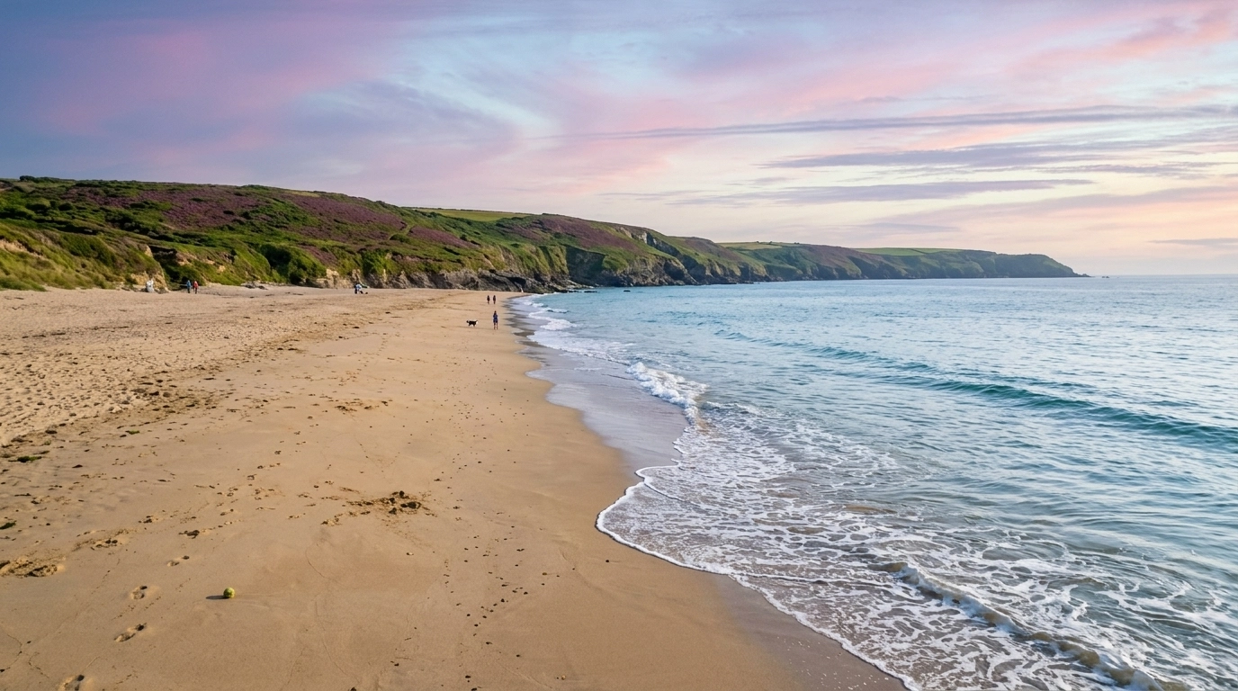 A serene view of Pendower Beach in Cornwall, showing miles of golden sand and wild coastal scenery under a peaceful sky.