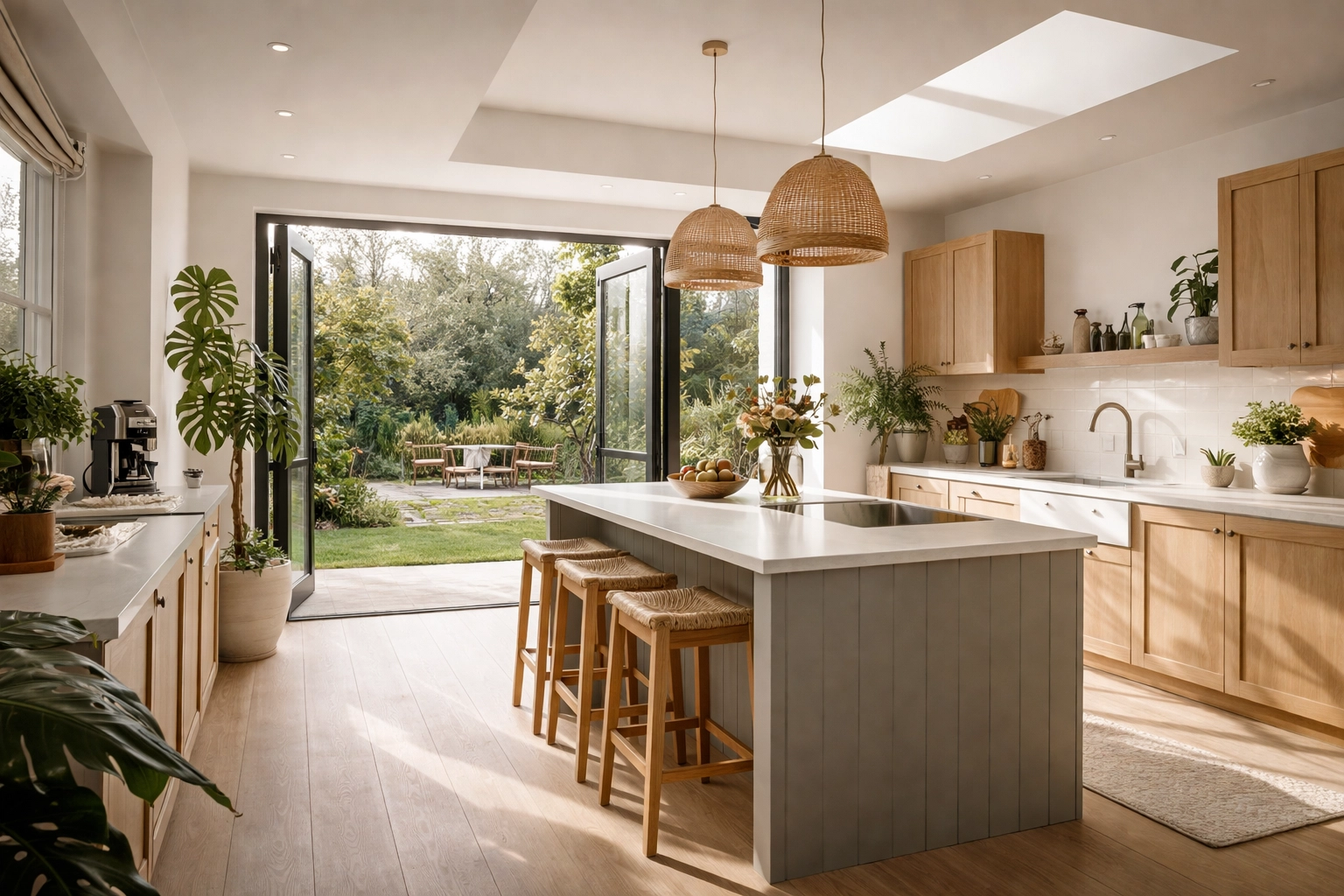 Modern bright kitchen extension in Bournemouth with large doors, highlighting home improvement results