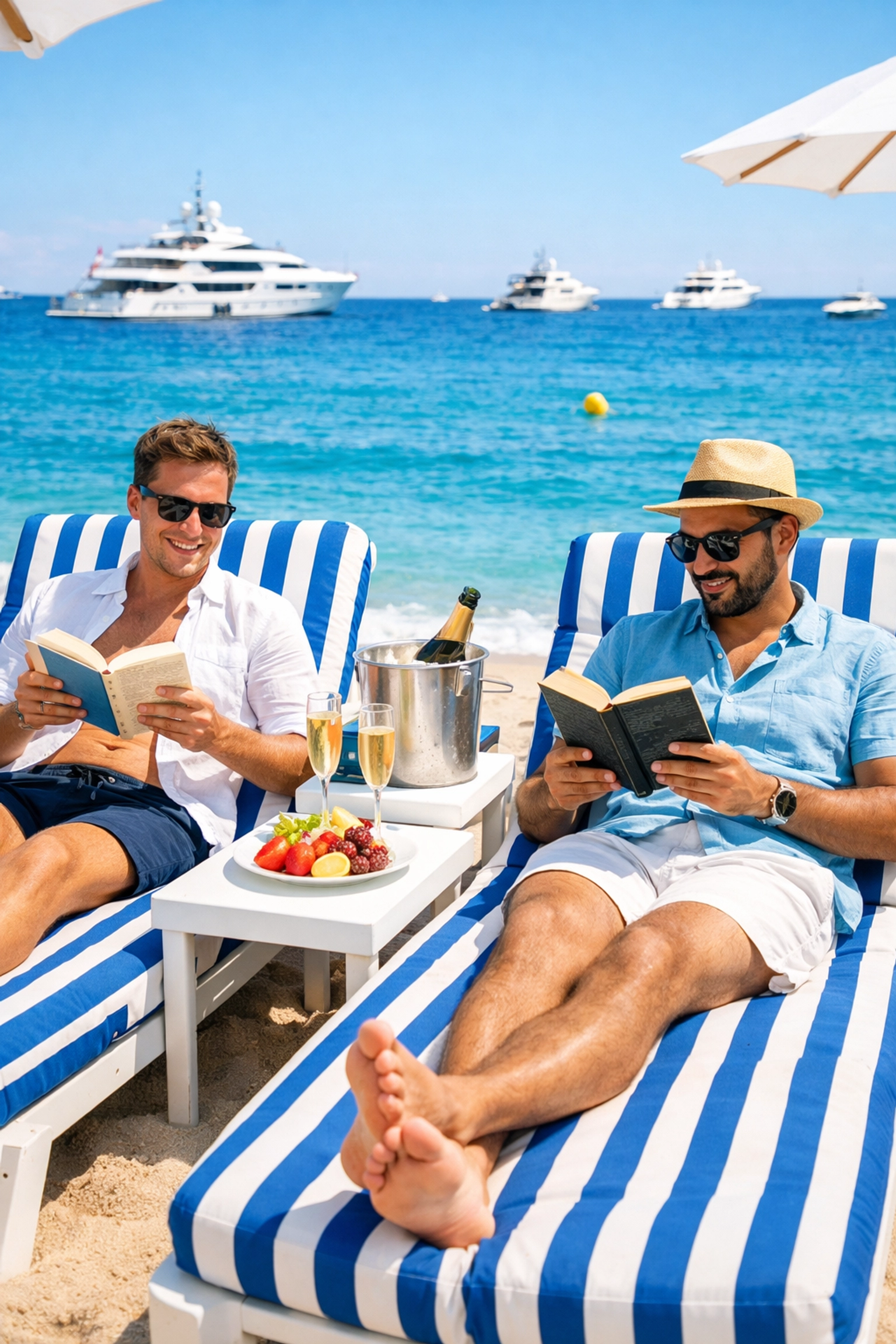 Two men relaxing on French Riviera beach during luxury honeymoon vacation