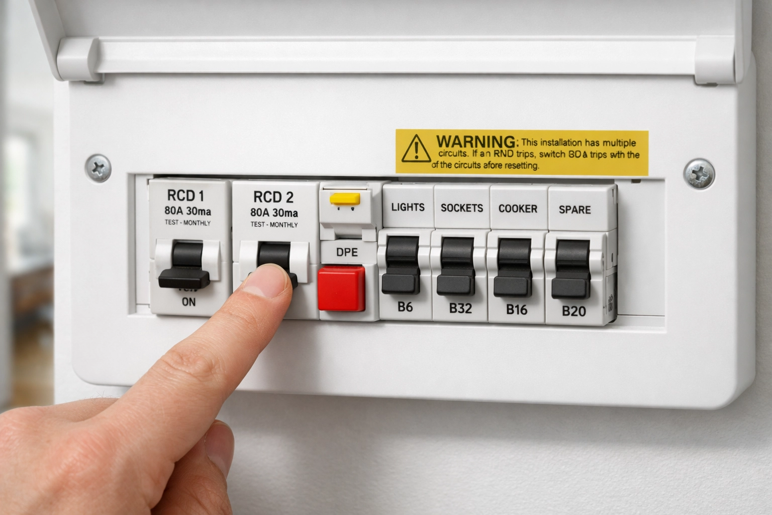 Testing RCD button on UK home consumer unit for electrical safety