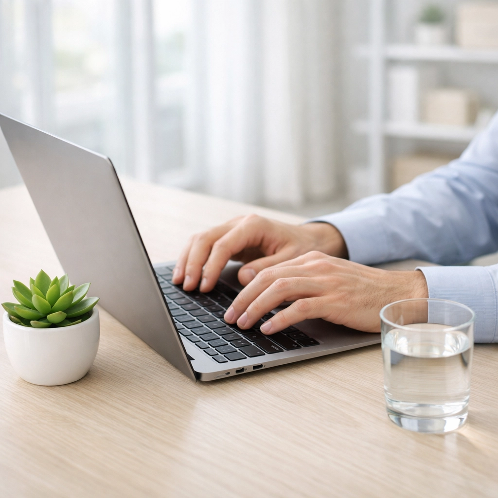 Person managing 2026 financial records on a laptop in a bright home office for tax planning.