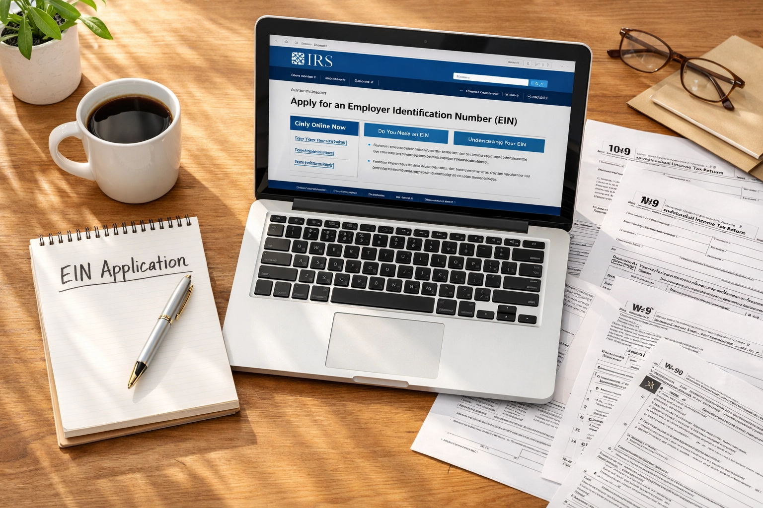 Small business owner preparing EIN application paperwork before hiring first employee