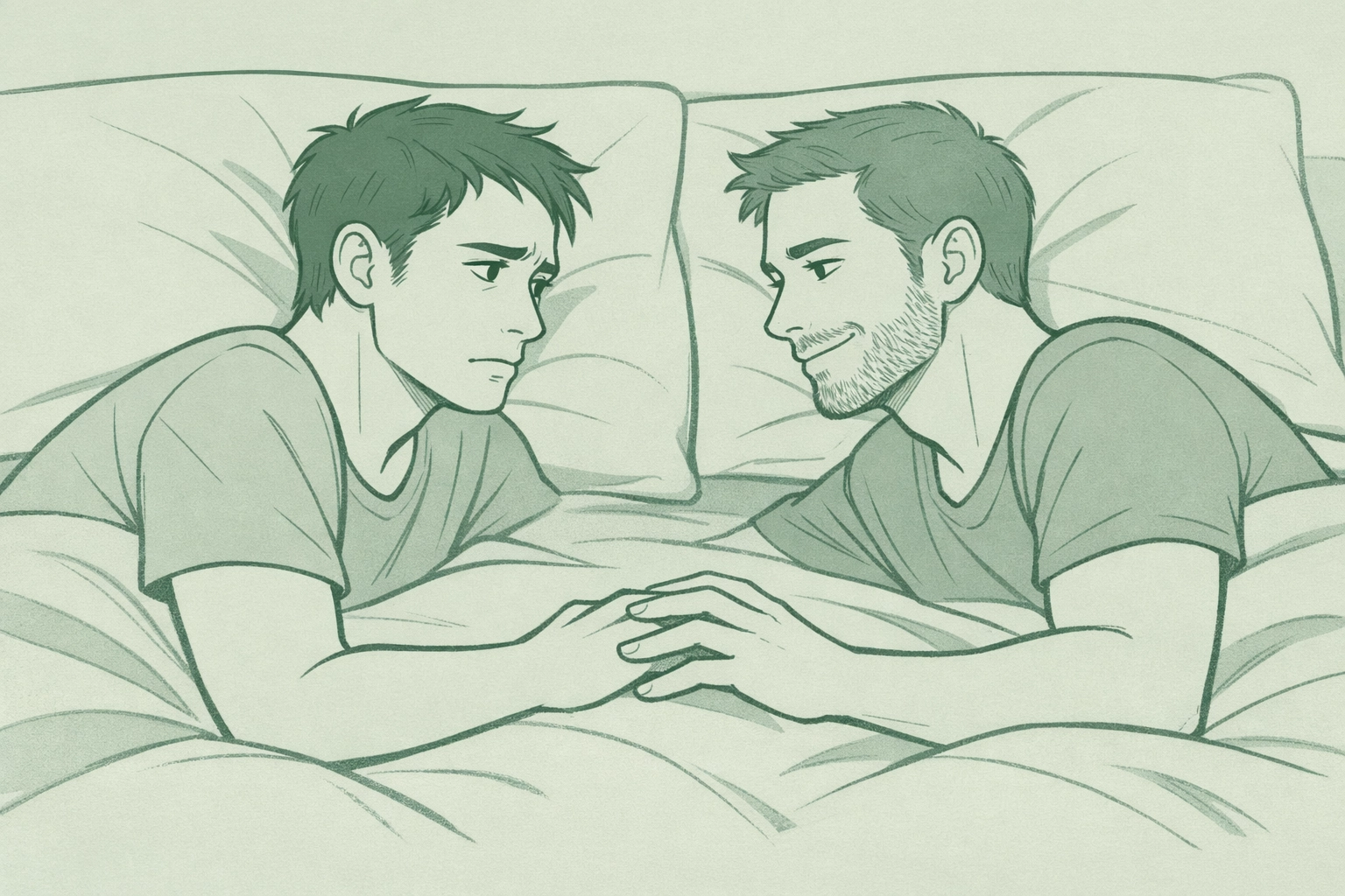 MM romance couple in intimate bedroom conversation exploring vulnerability and trust