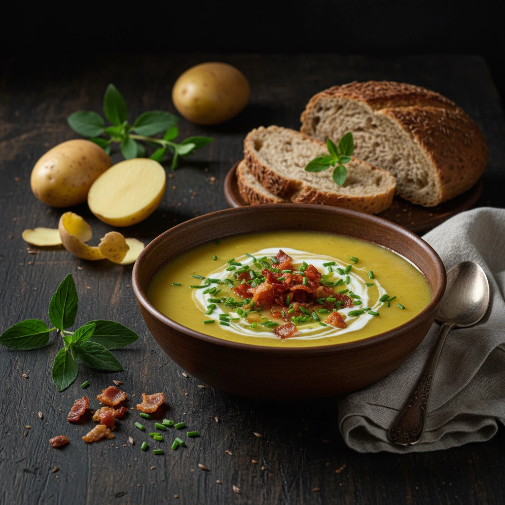 Cremige Kartoffelsuppe mit Kräutern und Croutons als Topping