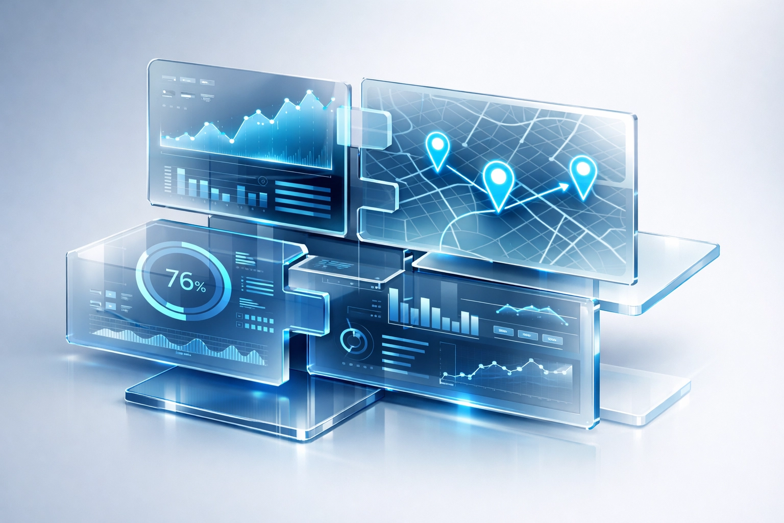 Bespoke software interface panels representing integrated data dashboards and custom workflow solutions.
