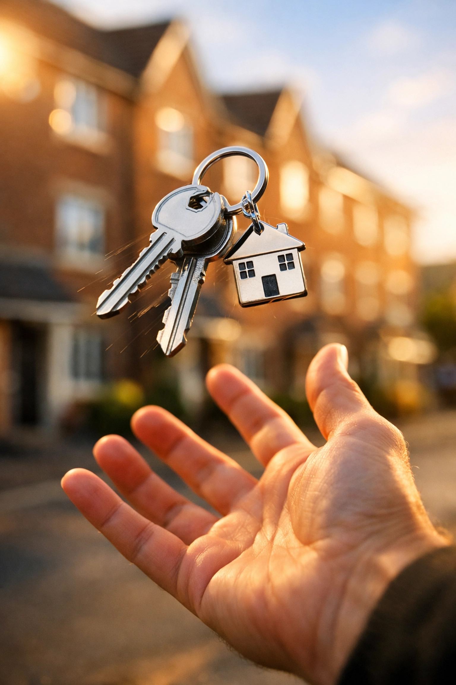 Hand catching silver house keys in front of UK townhouses, symbolizing fast property deal completion.