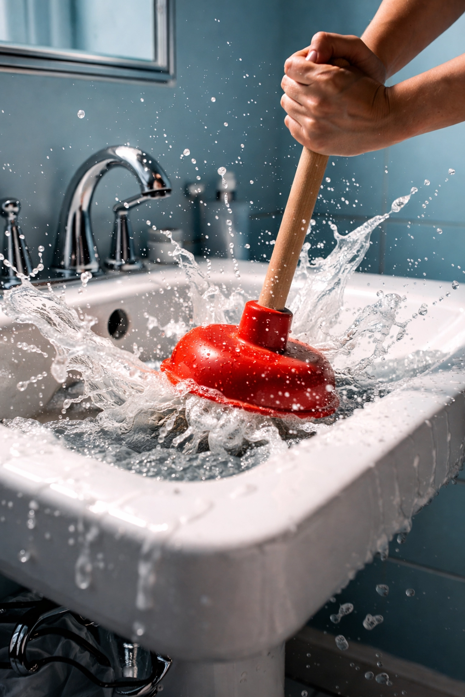 Incorrect use of a red plunger on a bathroom sink causing messy water spray, demonstrating common drain cleaning mistakes.