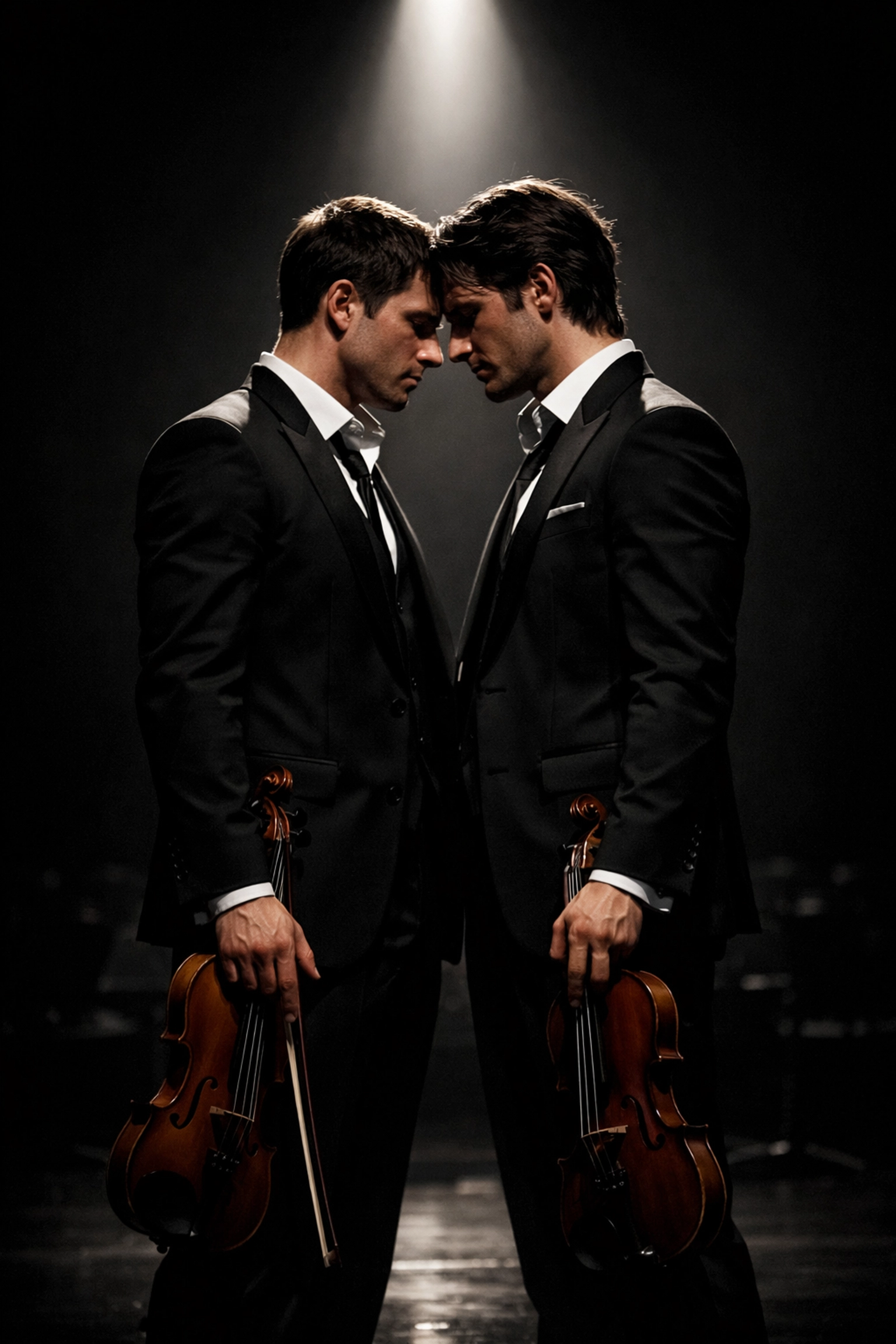 Two male violinists sharing a high-tension moment on stage, reflecting complex characters in 2026 gay books.