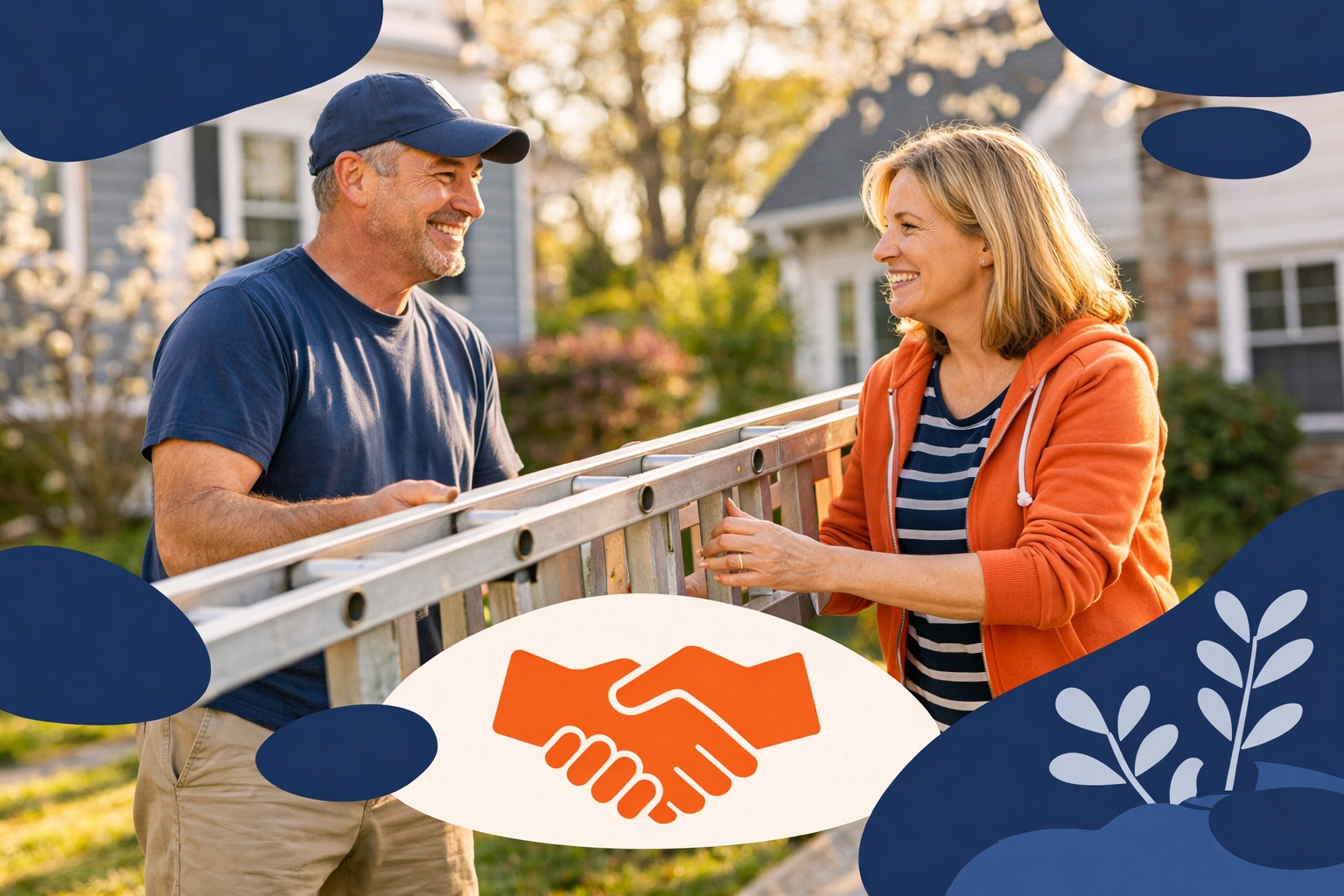 Friendly neighbors in Reading sharing an extension ladder through local peer-to-peer equipment rental.