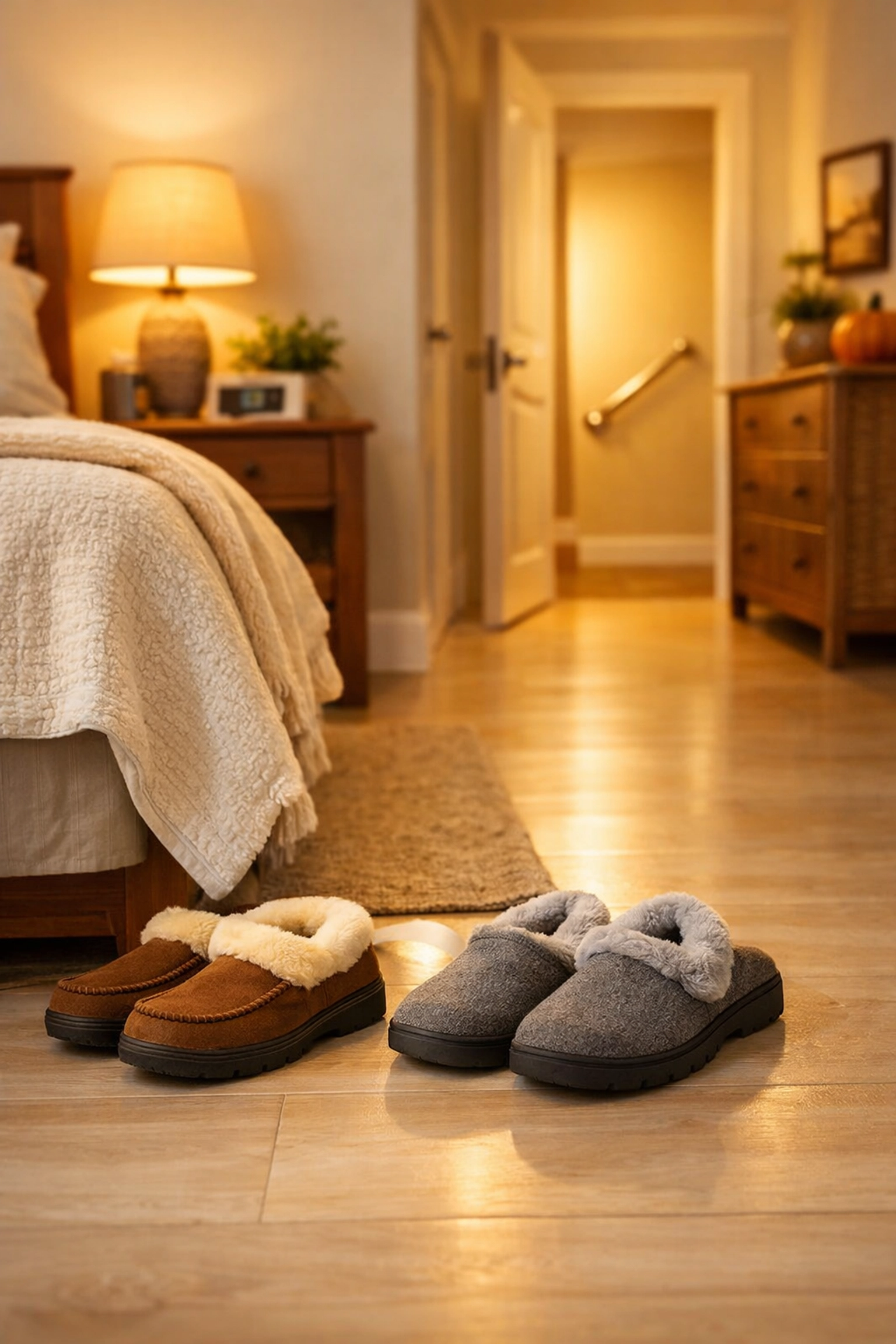 Non-slip slippers and a clear walking path in a fall-safe senior bedroom with bright, natural lighting.