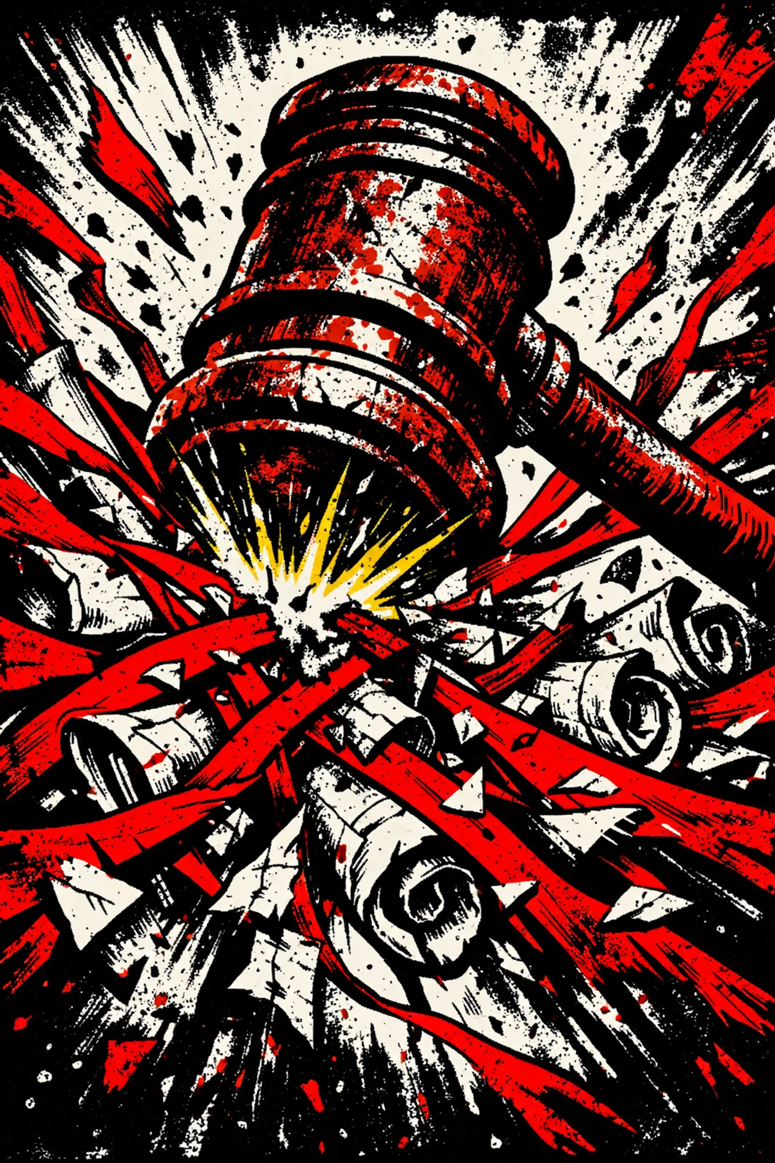 A judge's gavel smashing red tape to represent the myth of pressing charges and state discretion.