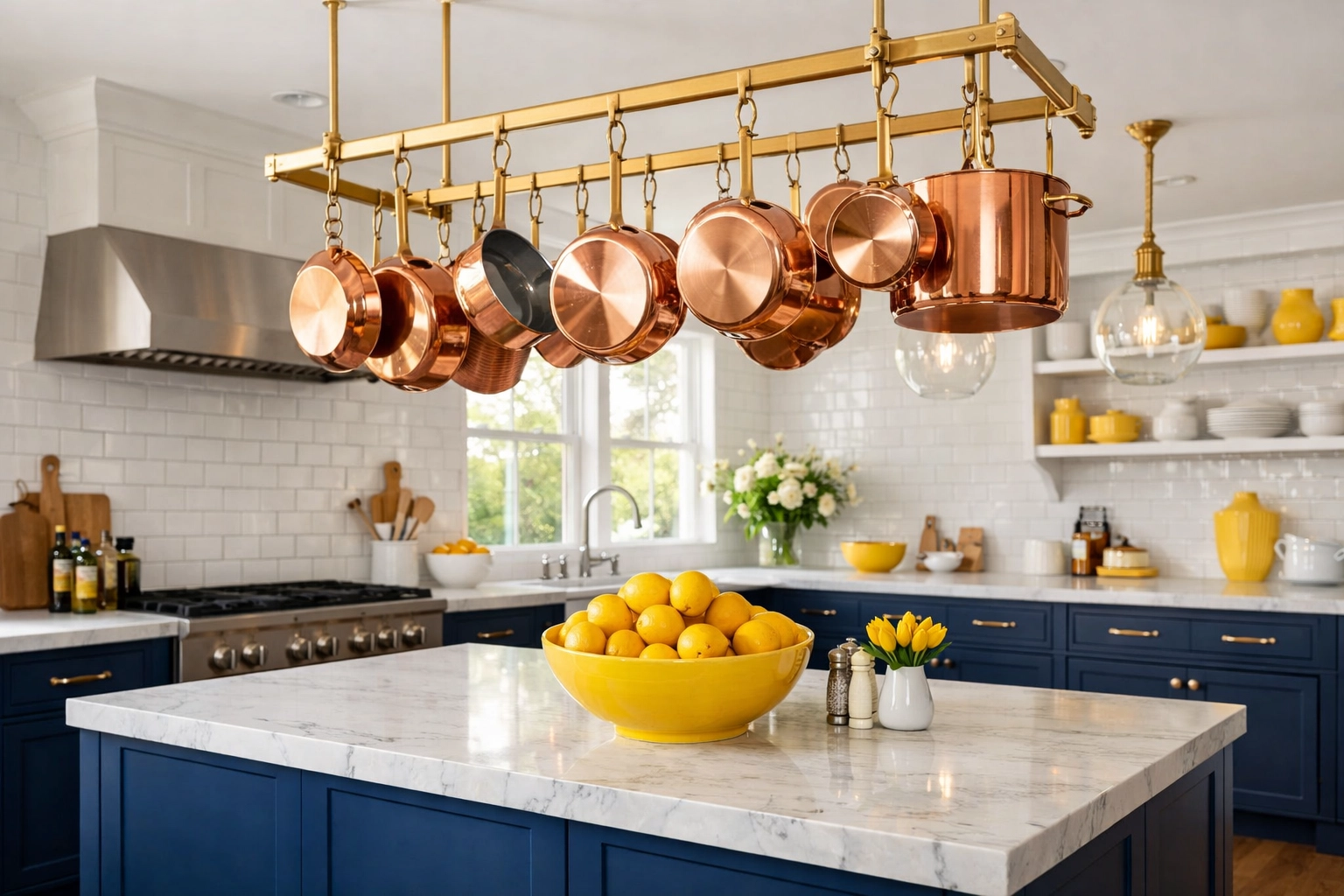 Polished copper pots hanging in a luxury kitchen, perfect for a bi weekly house cleaning routine.