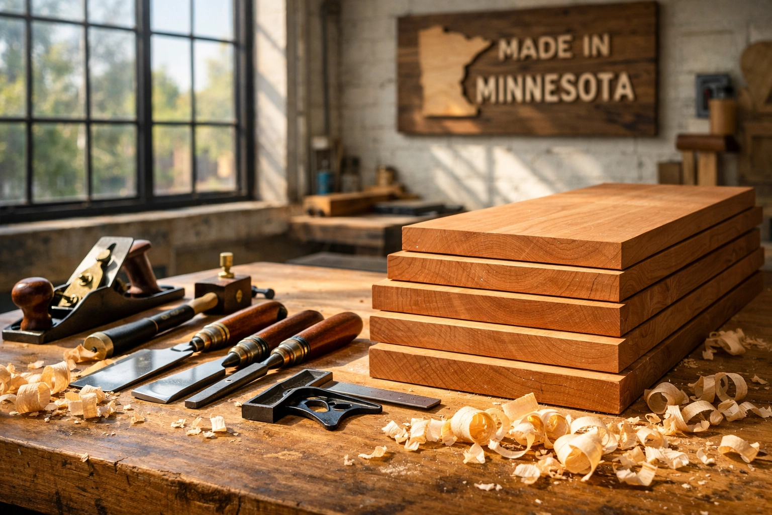 Handcrafted cherry wood planks and tools inside a Minnesota workshop for custom cabinet making.