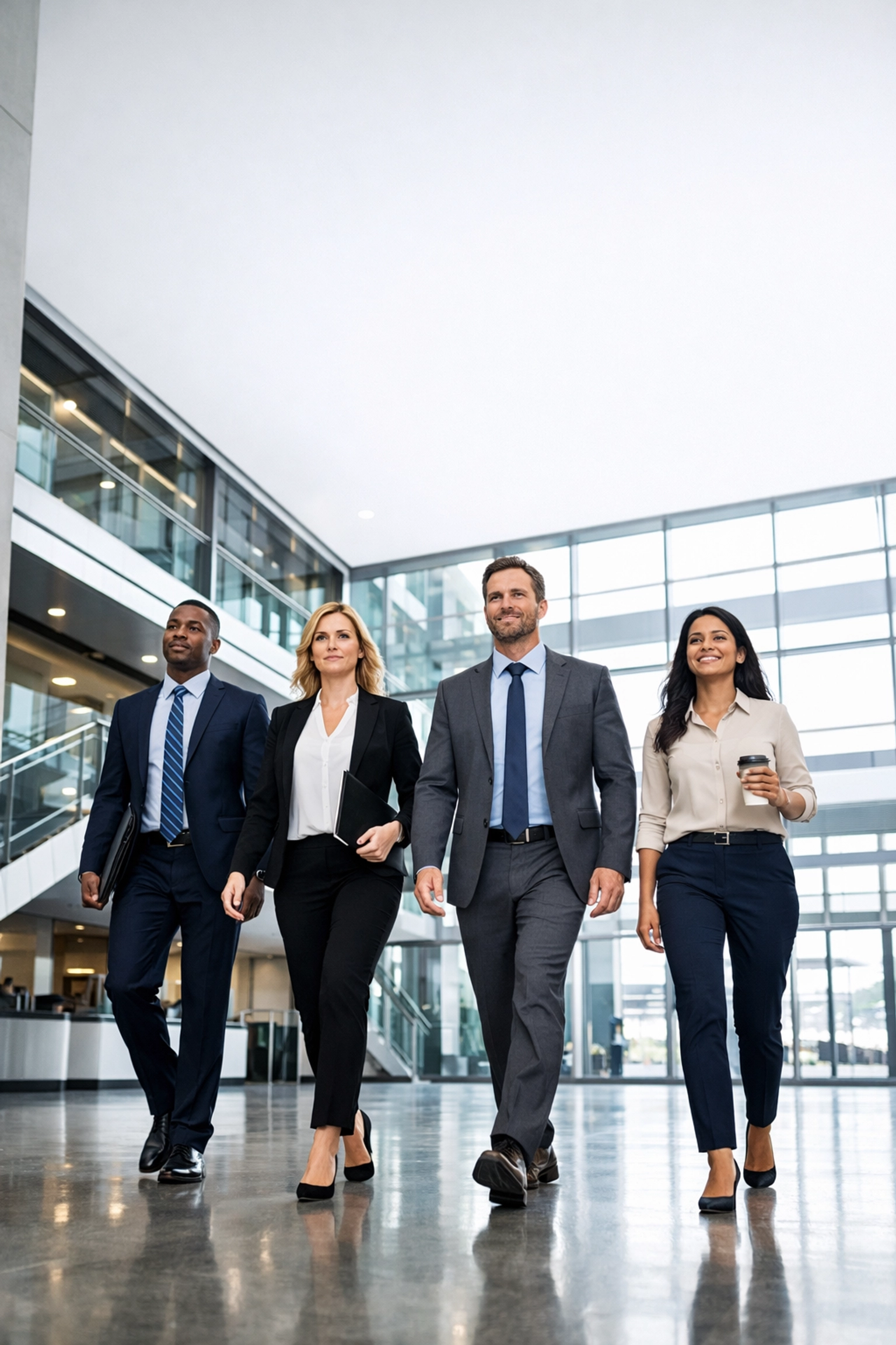 Successful sales team walking with purpose in a modern atrium showing professional readiness.