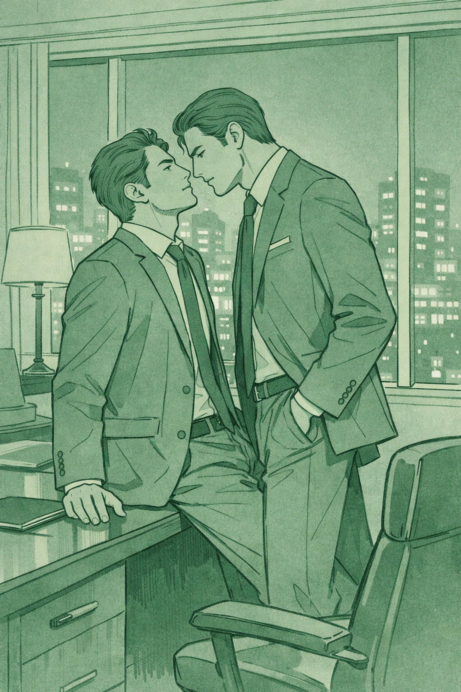 Two businessmen sharing private moment in executive office at night - secret MM romance
