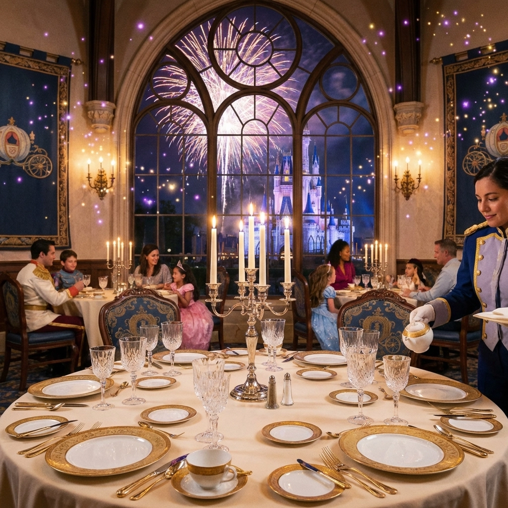 Elegant Disney restaurant interior with fireworks view, showcasing table-service dining experiences for Disney dining plans.