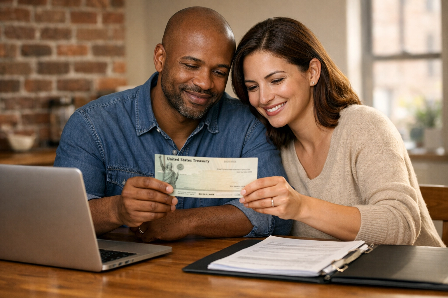 A New York couple reviewing their state inflation refund check and tax documents at home.