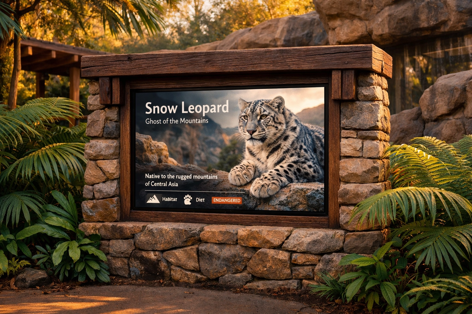 Rugged digital signage integrated into a natural wood and stone zoo exhibit entrance showcasing animal information.