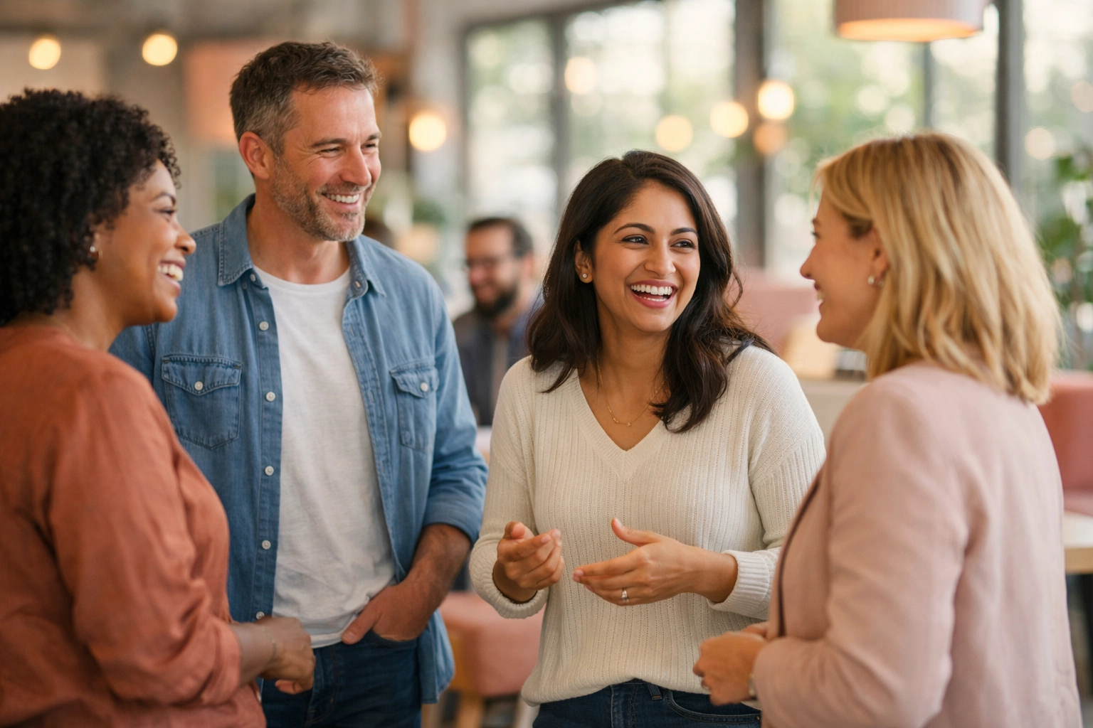 Professionals networking authentically in workspace demonstrating relationship-based LinkedIn outreach