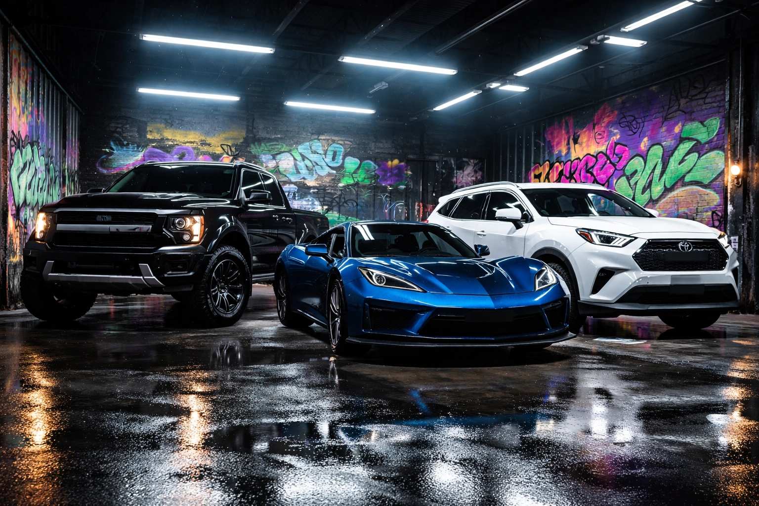 Lineup of freshly ceramic-coated truck, sports car, and SUV in an urban garage, all gleaming under dramatic lighting. Car detailing Pittsburgh for all vehicle types.