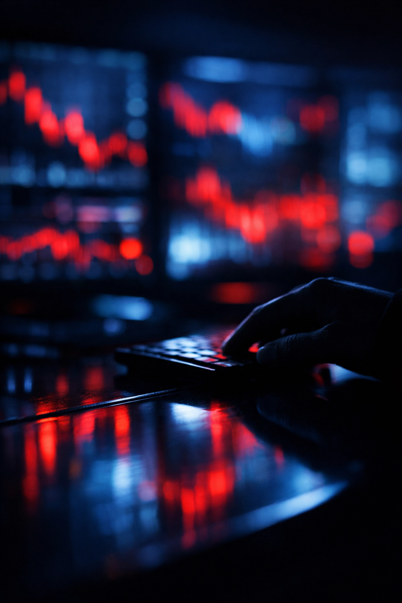 Financial trading hub with data screen reflections, symbolizing economic volatility and market uncertainty.