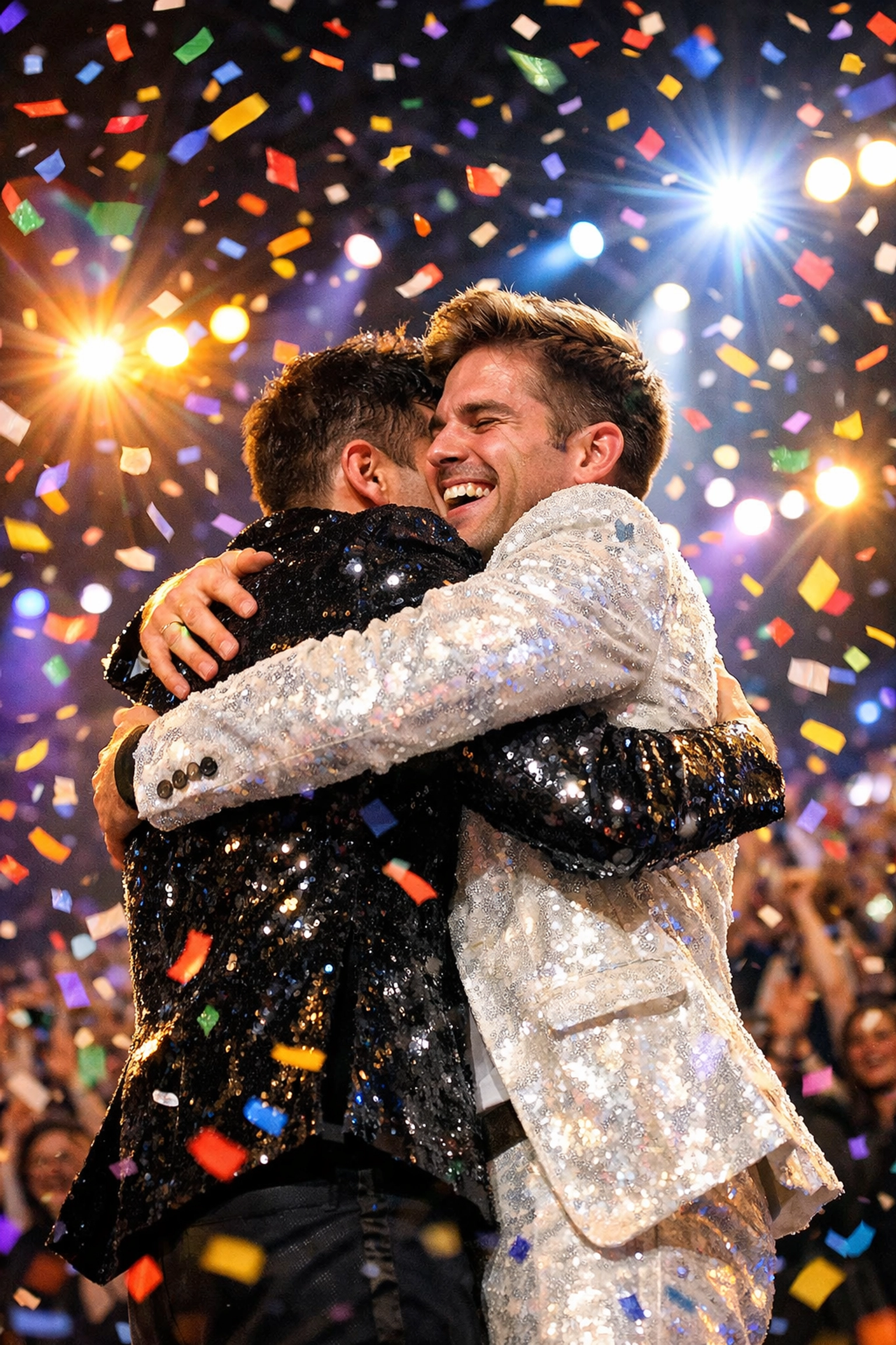 Gay Eurovision performers celebrating victory with rainbow confetti on stage