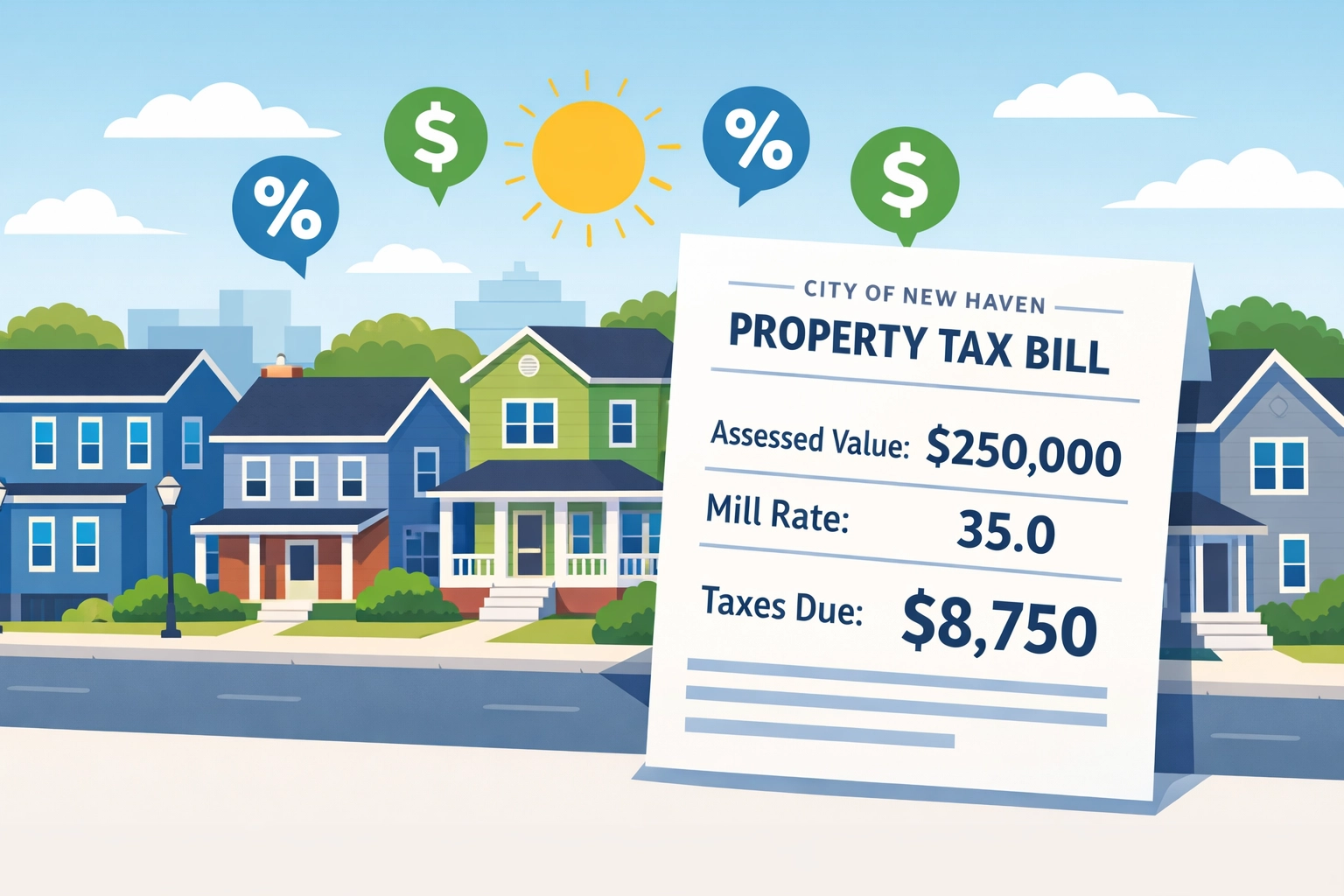 New Haven property tax bill with residential homes showing 2026 rate increases
