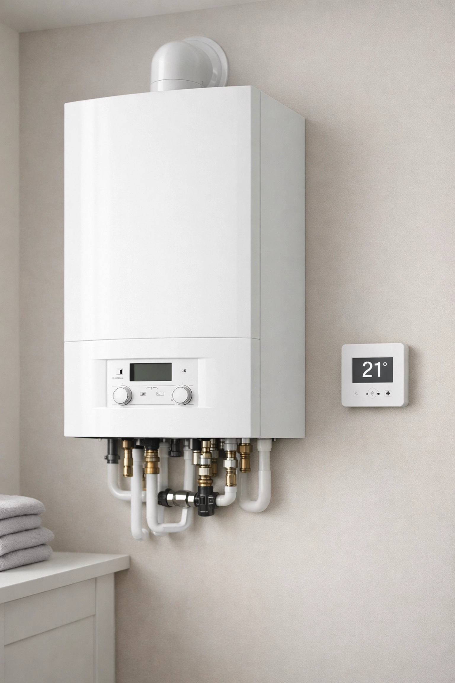 Energy efficient modern combi-boiler and thermostat in a clean rental property utility space.