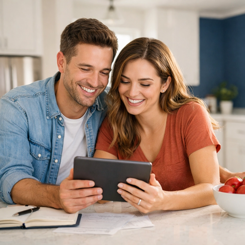 A Texas couple happily reviewing their rising credit scores on a digital tablet at home.