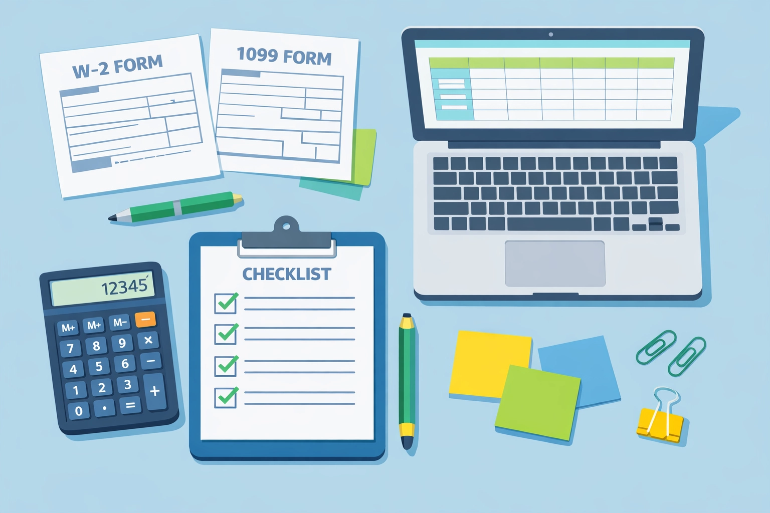 Organized tax documents including W-2 and 1099 forms with calculator for 2026 tax preparation