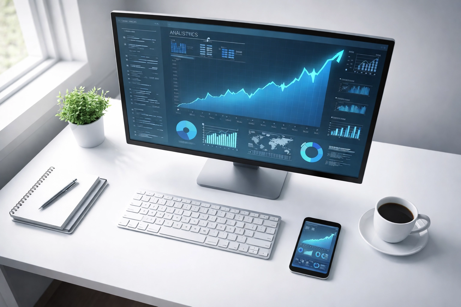 Modern office desk with analytics on monitor, illustrating efficiency gains from automated debt collection payment processing