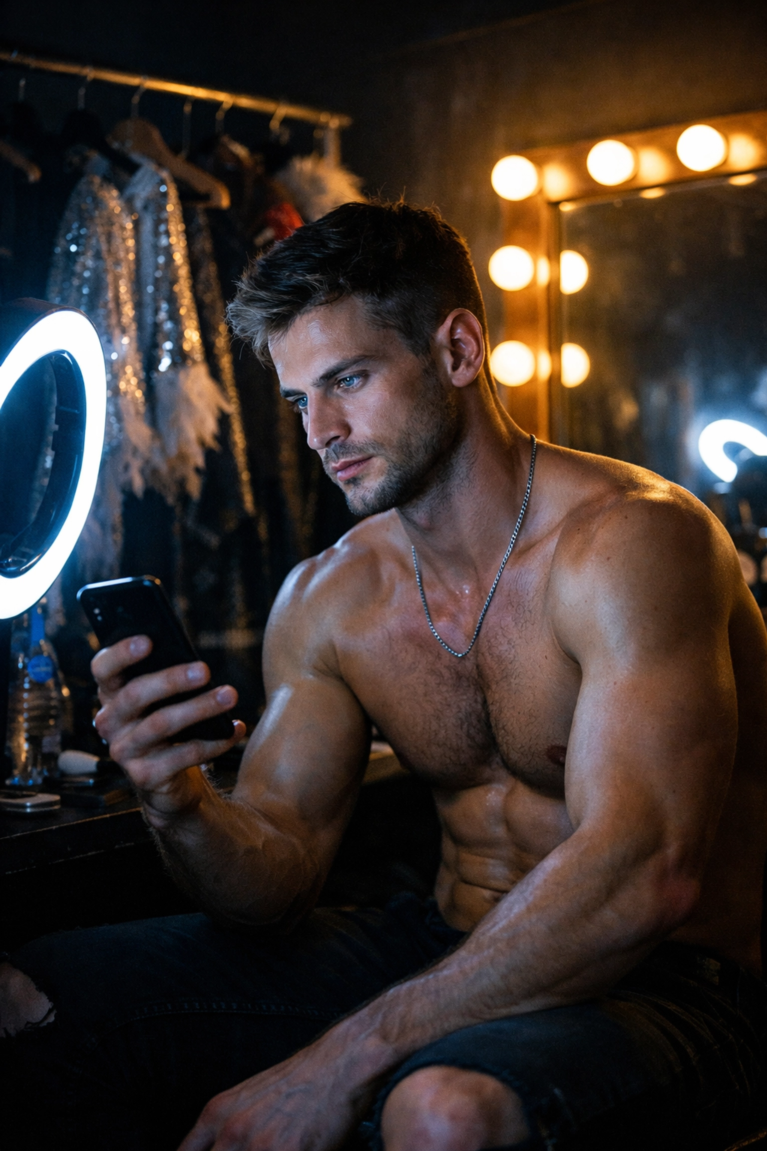 A shirtless male model backstage under a ring light, showing the digital hustle of MM romance stories.
