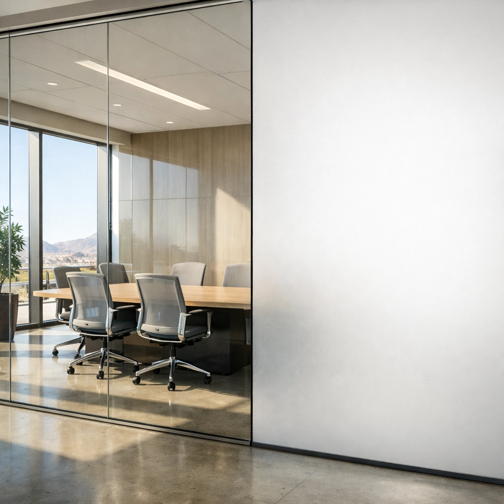 Switchable smart film partition in a Phoenix office showing clear and opaque privacy modes.
