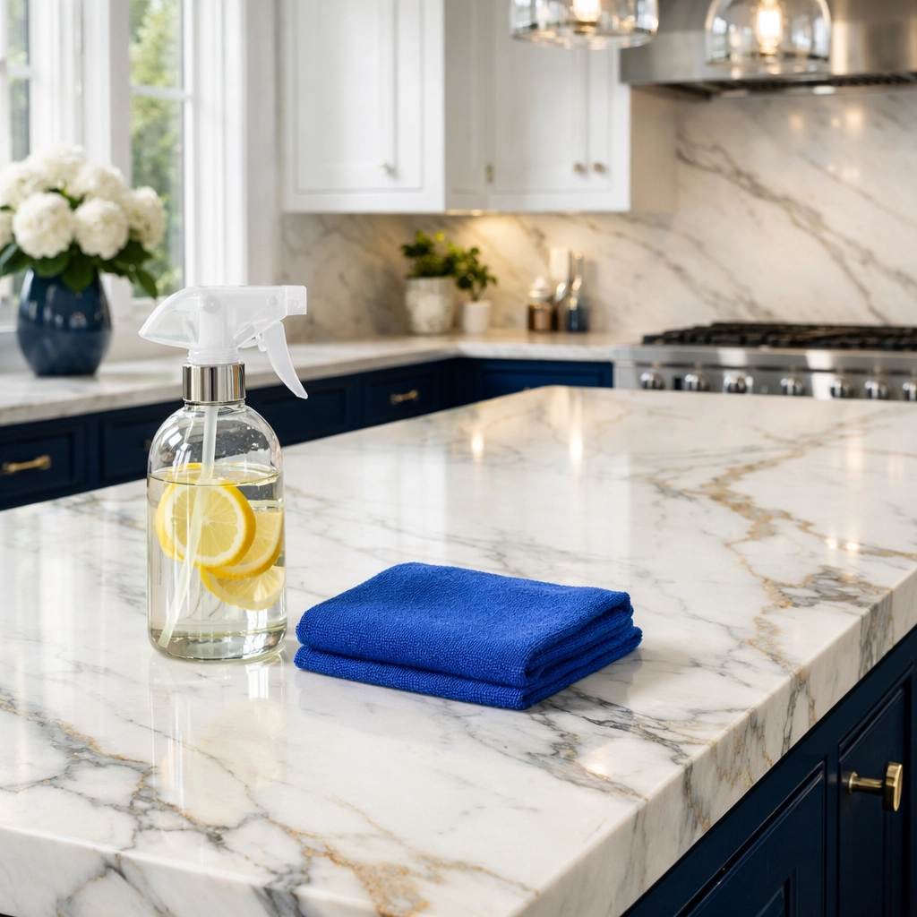 Eco-friendly cleaning products on a luxury Calacatta marble kitchen island for professional Dover estate upkeep.